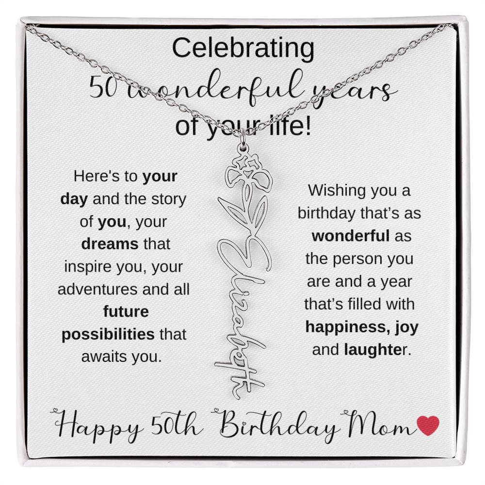 Happy 50th Birthday Mom - Flower Name Necklace