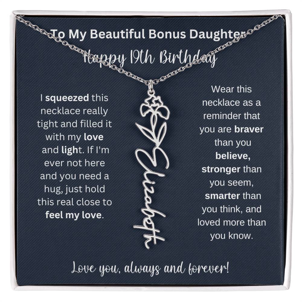 To My Beautiful Bonus Daughter | Happy 19th Birthday | Flower Name Necklace