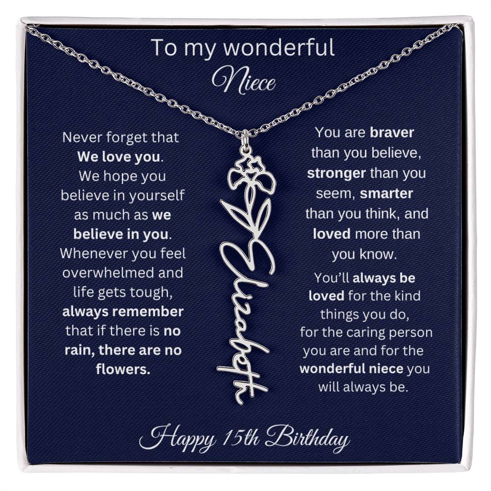 15th Birthday Gift For Niece - Personalized Birthmonth Flower Name Necklace