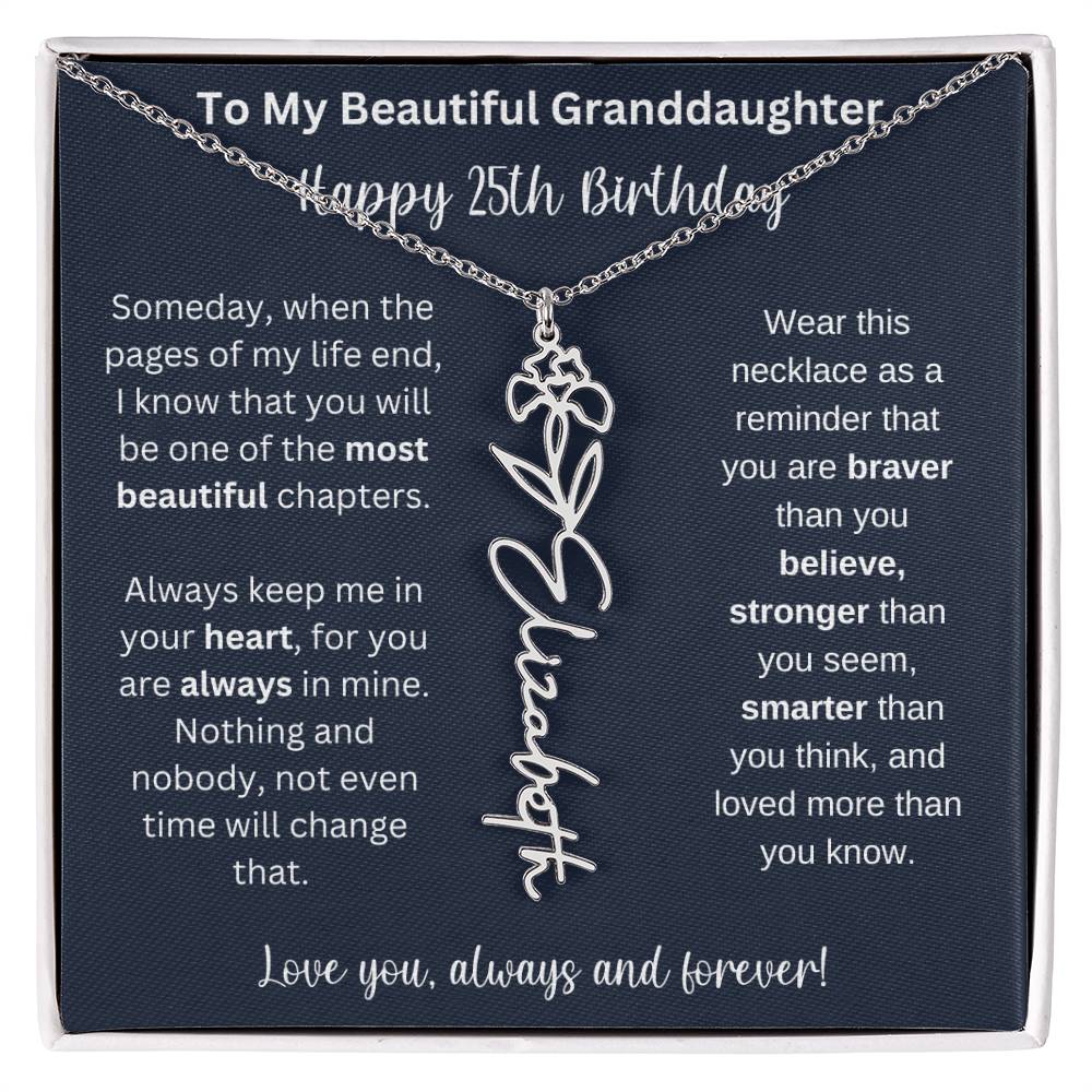 25th Birthday Gift For Granddaughter | Personalized Birth Flower Name Necklace