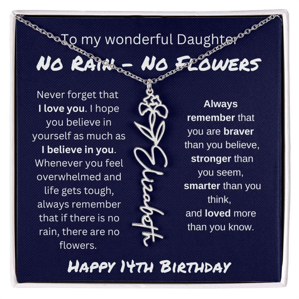 No Rain - No Flower | Happy 14th Birthday | Flower Name Necklace