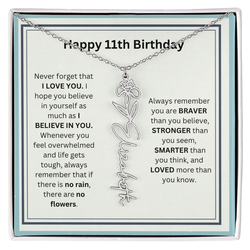 Personalized 11th Birthday Flower Name Necklace Gift