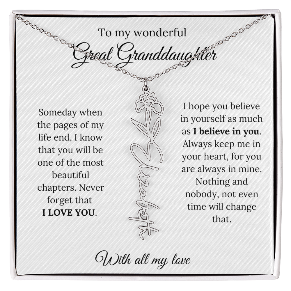 Great Granddaughter Birth Flower Name Necklace – “You Are One of the Most Beautiful Chapters” – Custom Keepsake Jewelry Gift