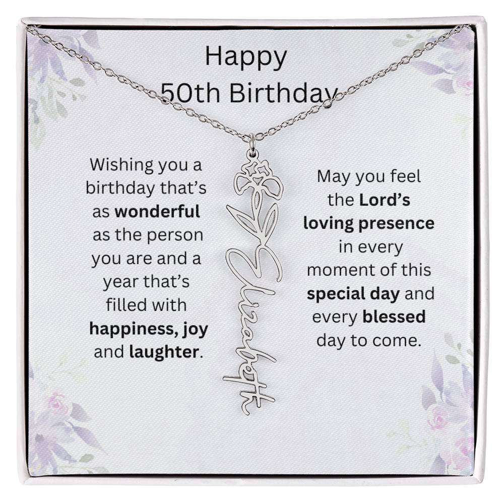 Wishing You Happiness, Joy & Laughter - Happy 50th Birthday | Flower Name Necklace
