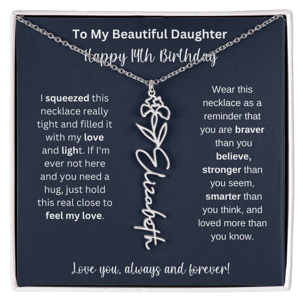 14th Birthday Gift For My Beautiful Daughter | Personalized Flower Name Necklace