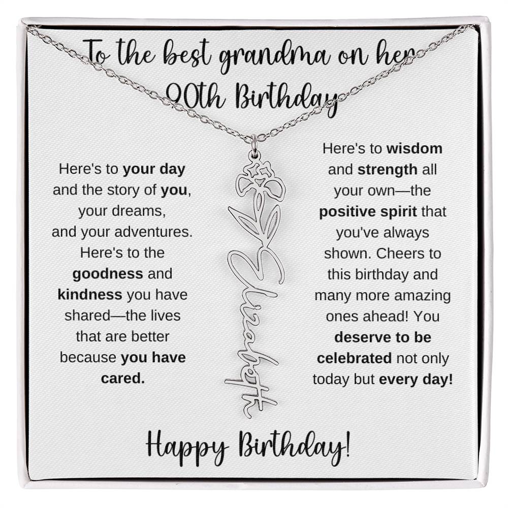 To The Best Grandma - Happy 90th Birthday | Flower Name Necklace