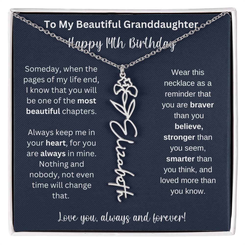 14th Birthday Gift For Granddaughter | Personalized Birth Flower Name Necklace