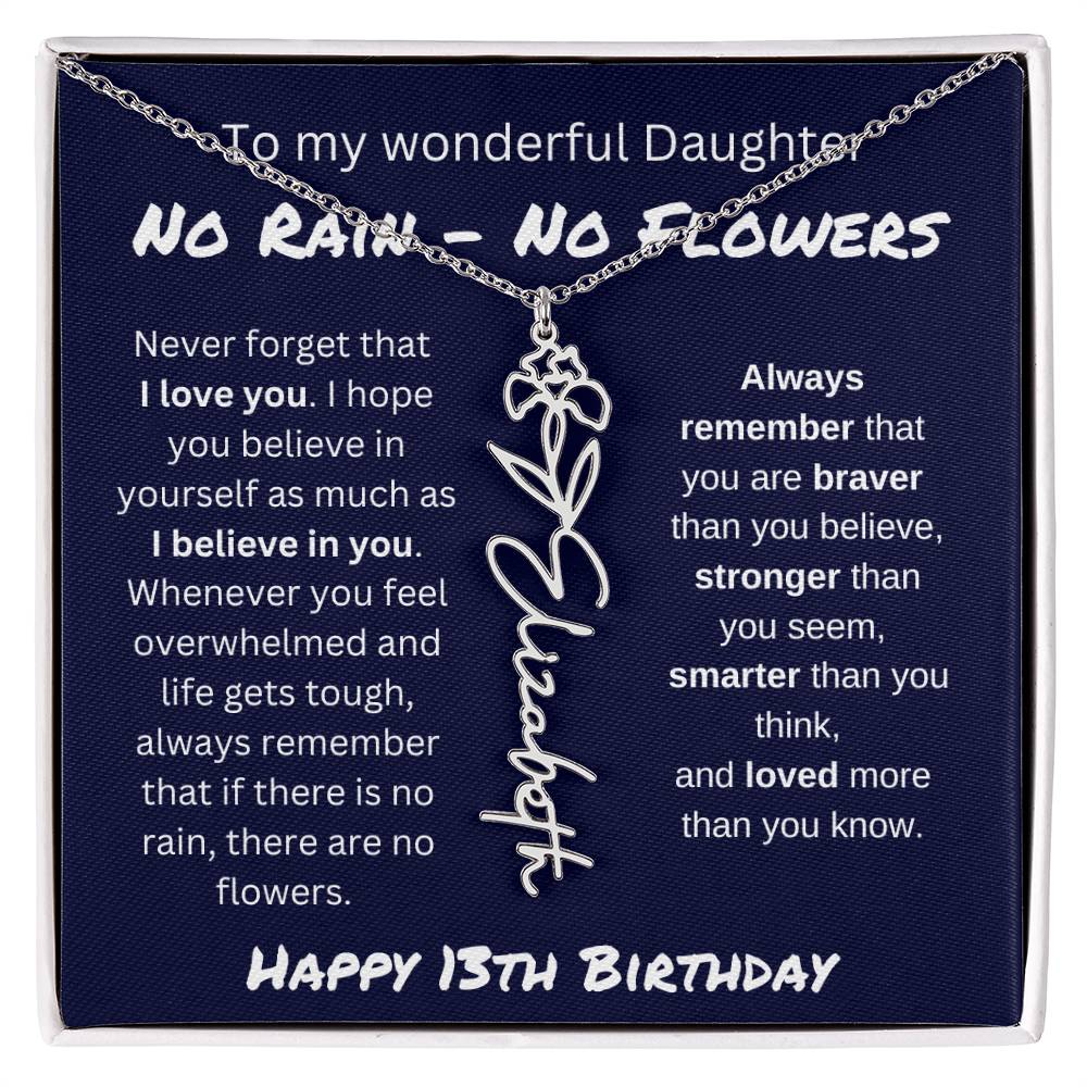 No Rain - No Flower | Happy 13th Birthday | Flower Name Necklace