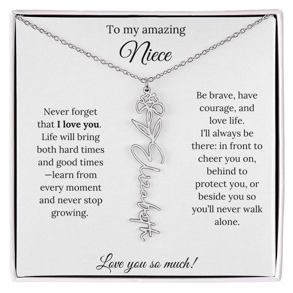 Niece Gift – Birth Flower Name Necklace + Inspiring Message Card