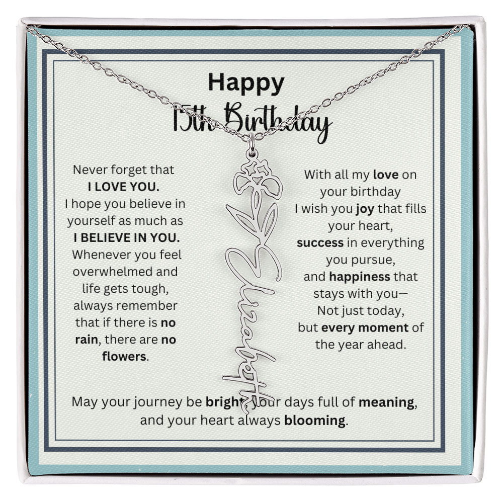 Personalized 15th Birthday Gift for Her - Birth Flower Necklace with Card