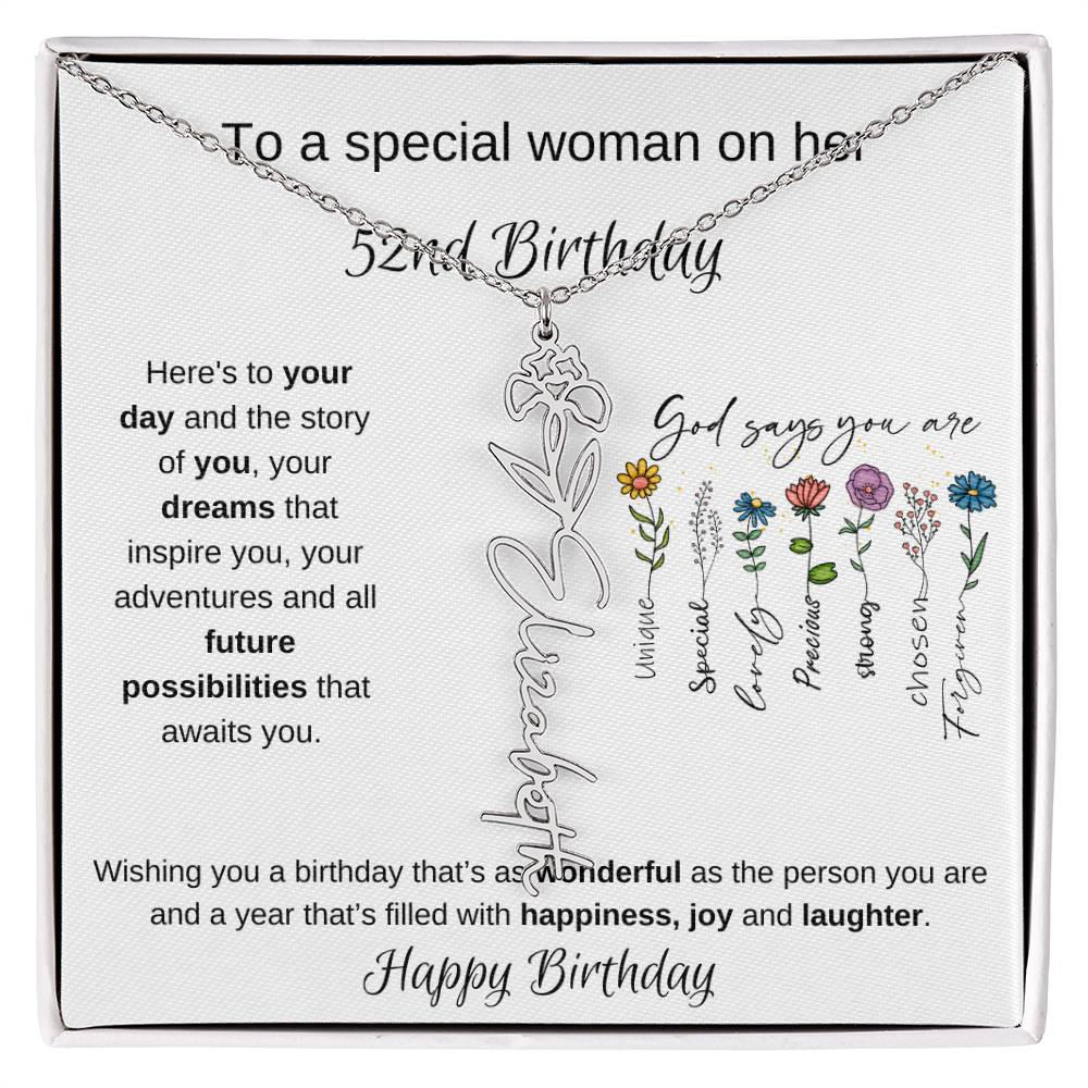 To A Special Woman On Her 52nd Birthday - Flower Name Necklace
