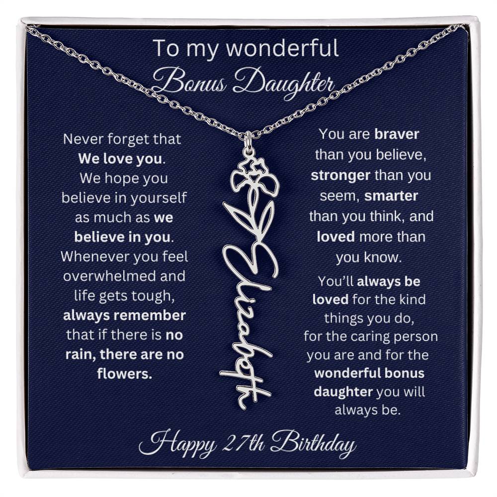 27th Birthday Gift For Bonus Daughter - Personalized Birthmonth Flower Name Necklace