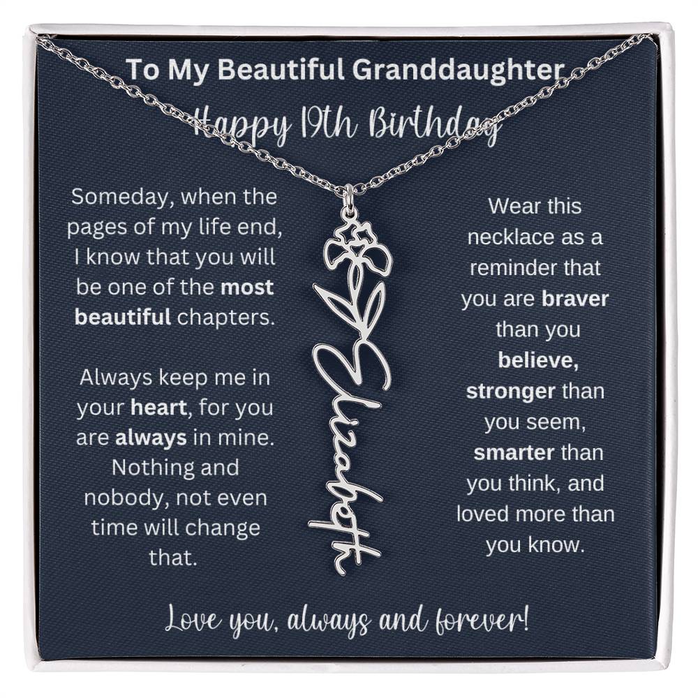 19th Birthday Gift For Granddaughter | Personalized Birth Flower Name Necklace