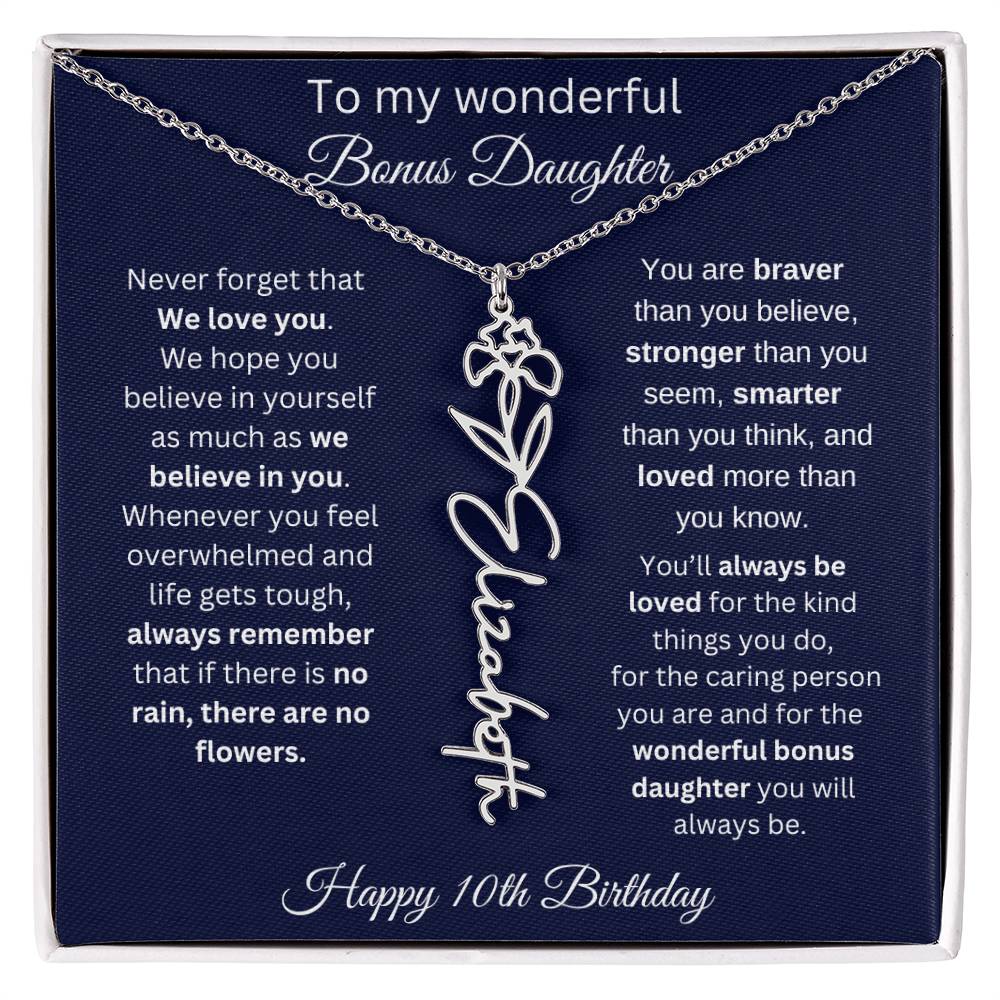 10th Birthday Gift For Bonus Daughter - Personalized Birthmonth Flower Name Necklace
