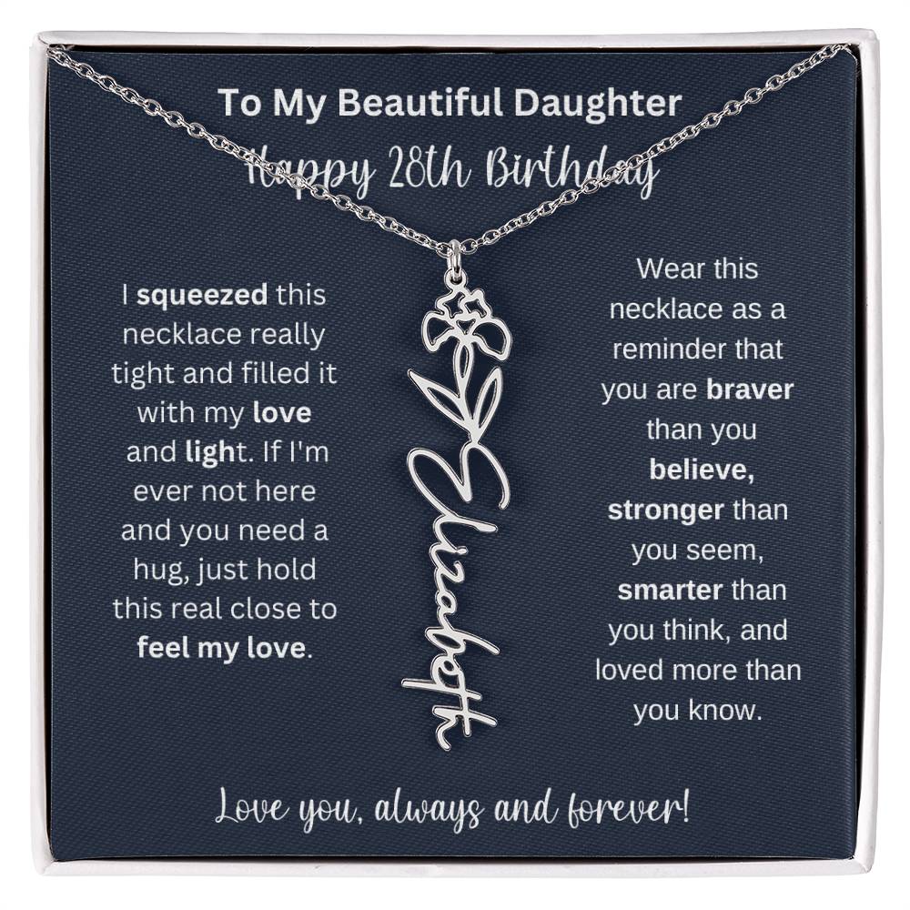 28th Birthday Gift For My Beautiful Daughter | Personalized Flower Name Necklace