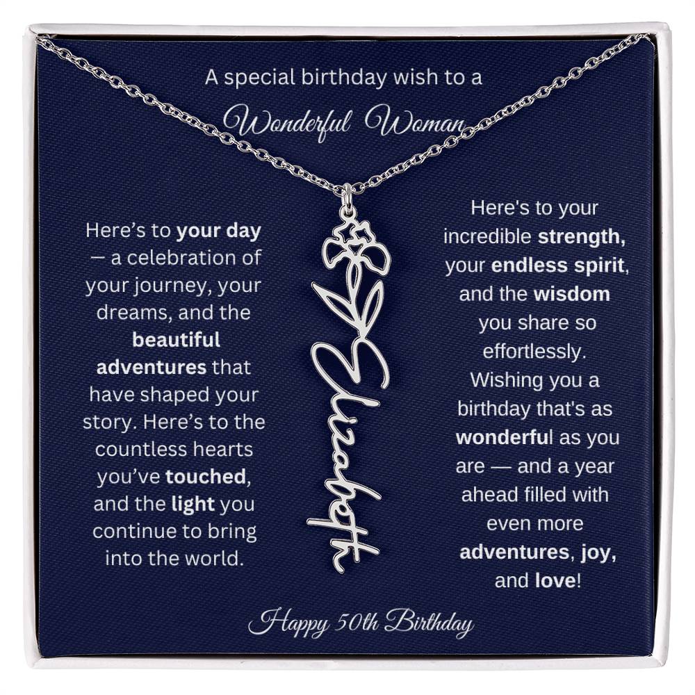 Happy 50th Birthday - Personalized Birth Flower Name Necklace with Message Card