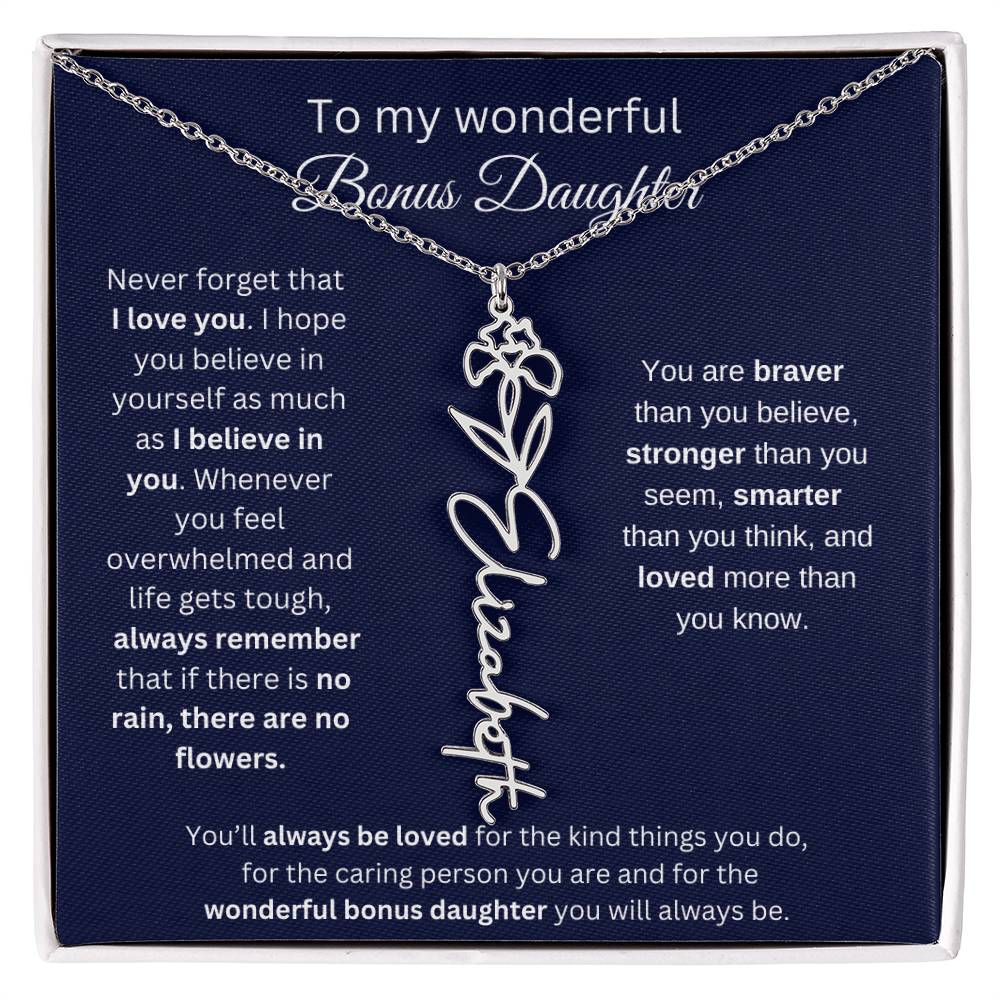 To My Wonderful Bonus Daughter - I Love You - Flower Name Necklace