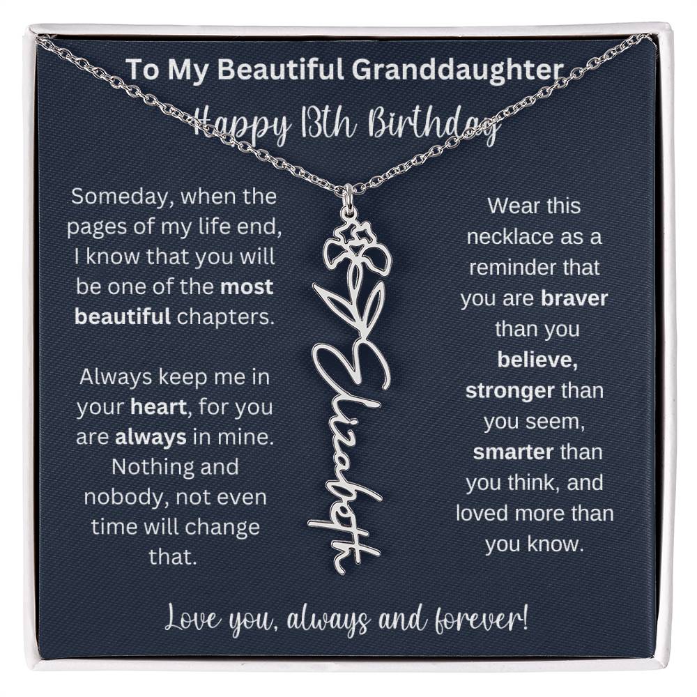 13th Birthday Gift For Granddaughter | Personalized Birth Flower Name Necklace