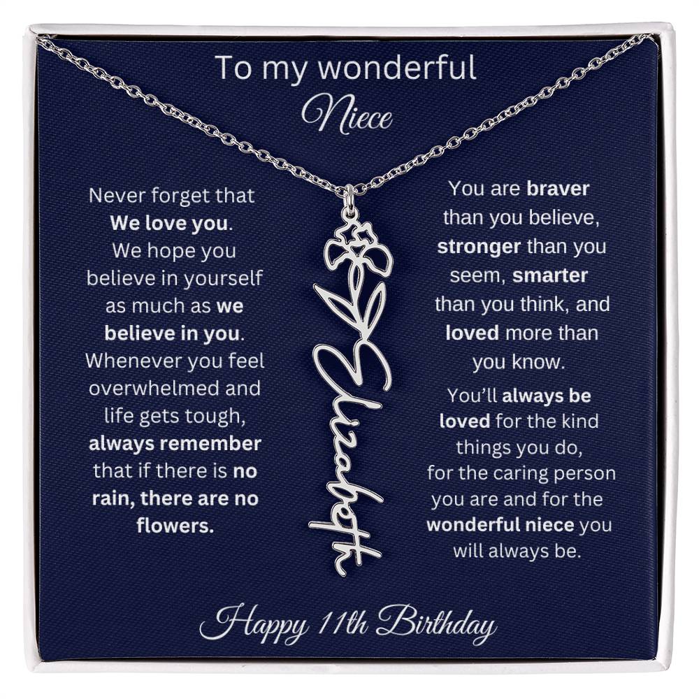 11th Birthday Gift For Niece - Personalized Birthmonth Flower Name Necklace