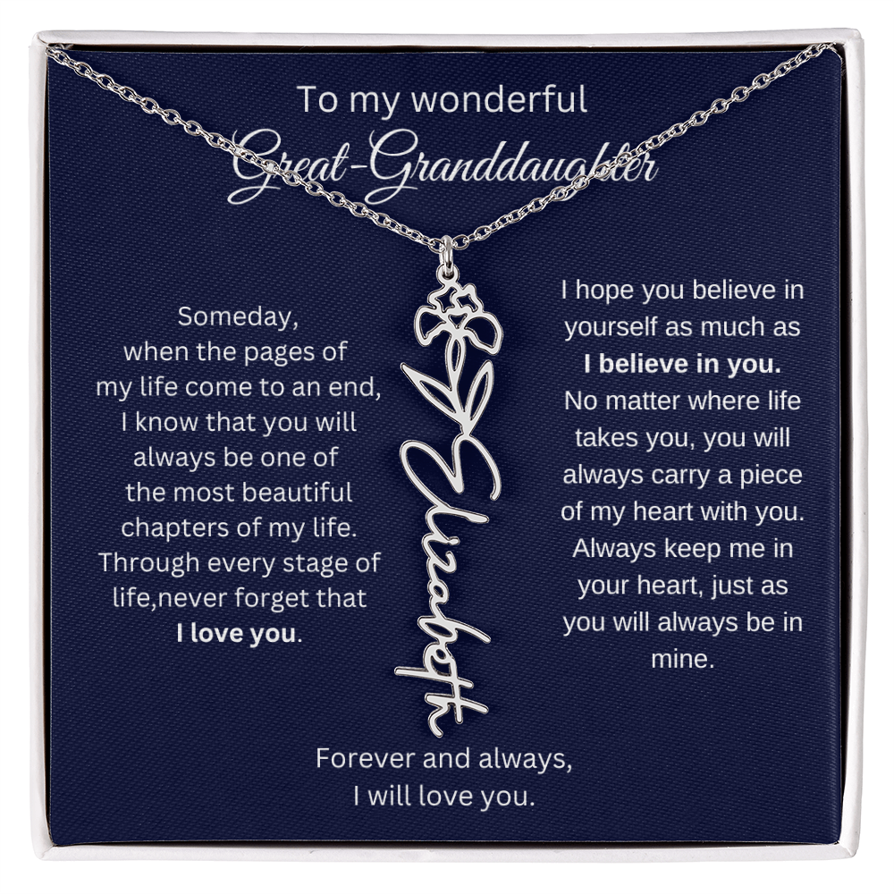 Great Granddaughter Jewelry Gift - Birth Flower Name Necklace
