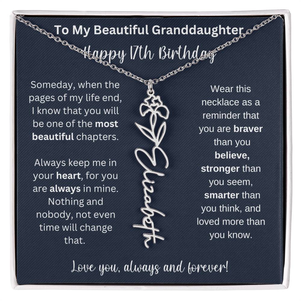 17th Birthday Gift For Granddaughter | Personalized Birth Flower Name Necklace