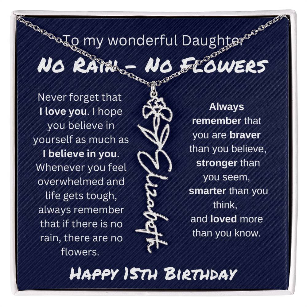 No Rain - No Flower | Happy 15th Birthday | Flower Name Necklace