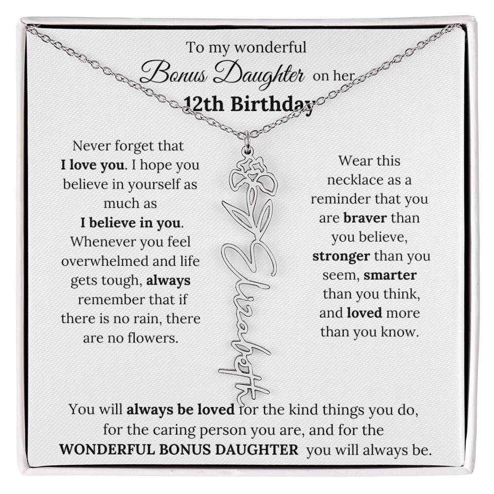 To My Wonderful Bonus Daughter On Her 12th Birthday | I Love You | Flower Name Necklace