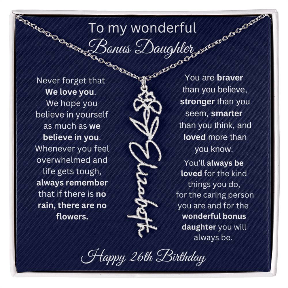 26th Birthday Gift For Bonus Daughter - Personalized Birthmonth Flower Name Necklace