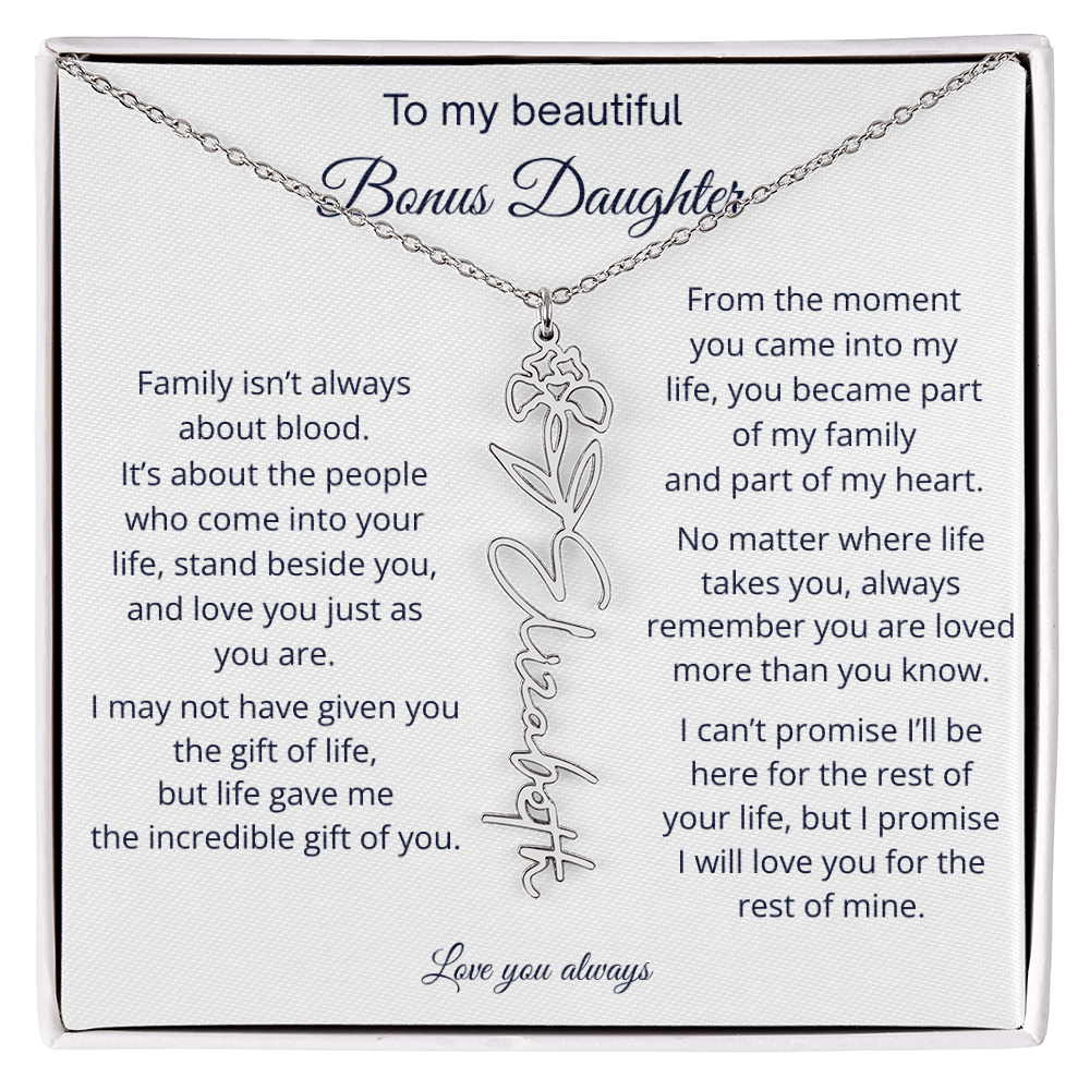 Bonus Daughter Jewelry Gift - Personalized Birth Flower Name Necklace