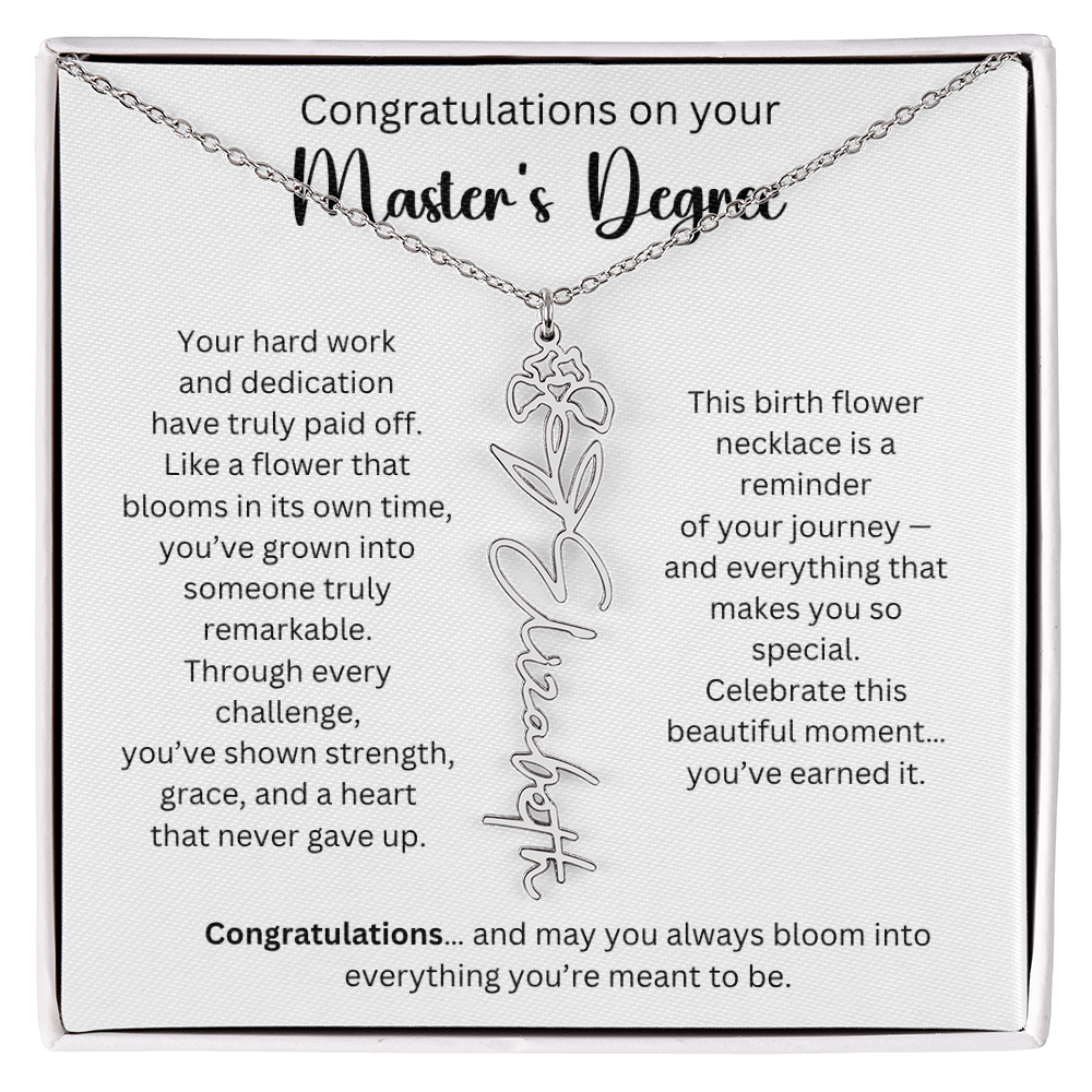 Personalized Masters Graduation Keepsake Gift - Birth Flower Name Necklace