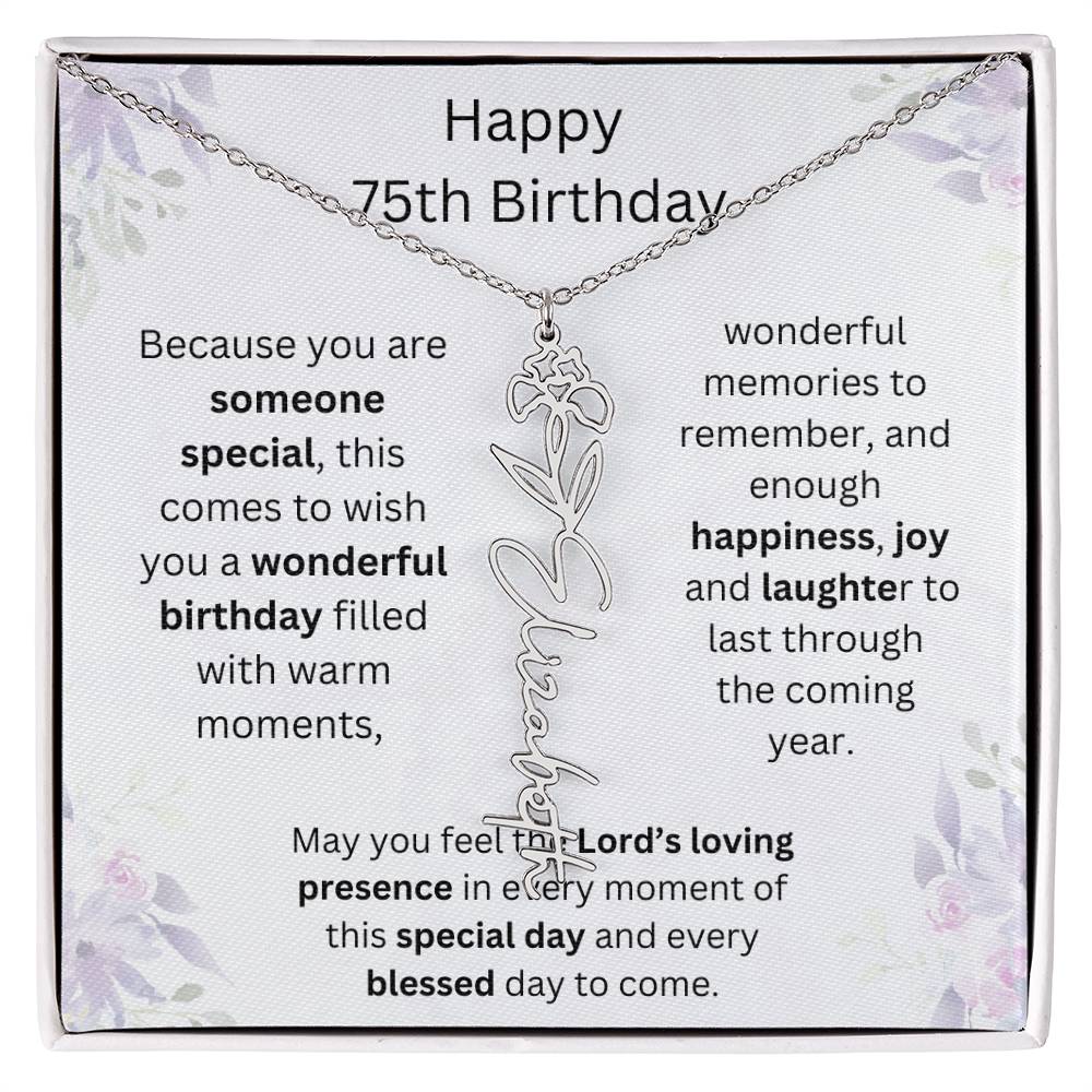 Wishing You Happiness, Joy & Laughter - Happy 75th Birthday | Flower Name Necklace