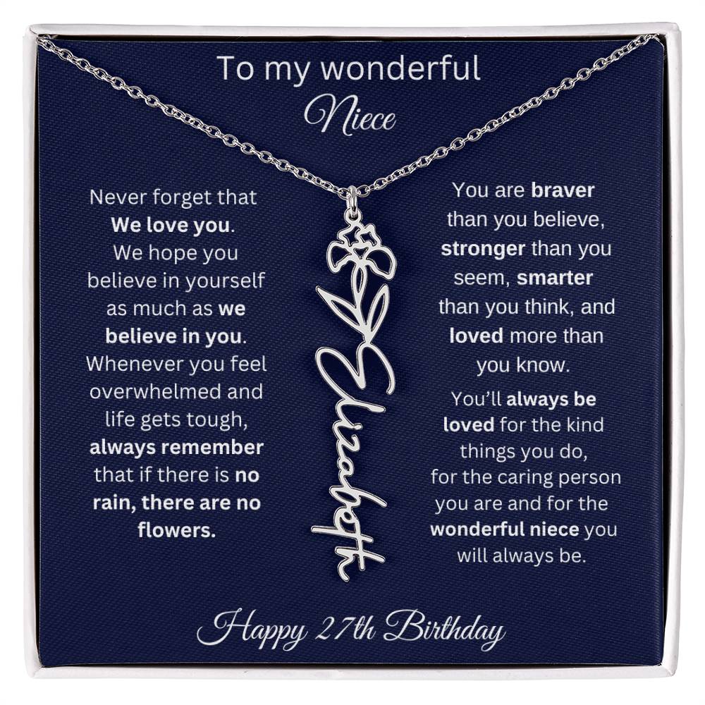 27th Birthday Gift For Niece - Personalized Birthmonth Flower Name Necklace
