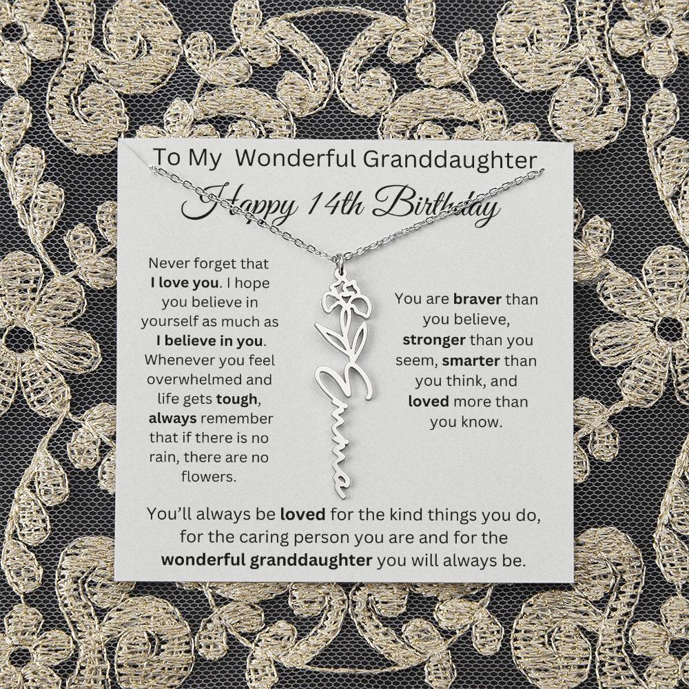 To My Wonderful Granddaughter - Happy 14th Birthday - Flower Name Necklace