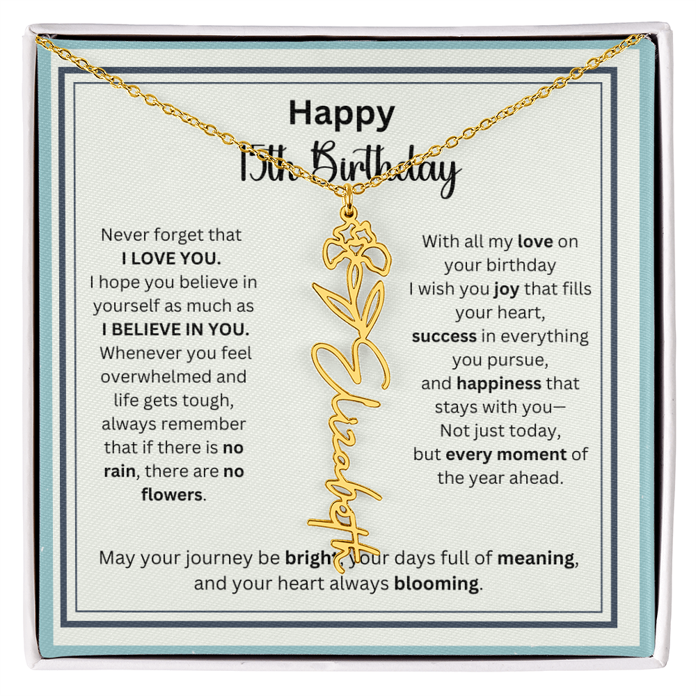 Personalized 15th Birthday Gift for Her - Birth Flower Necklace with Card