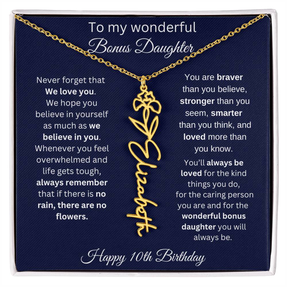 10th Birthday Gift For Bonus Daughter - Personalized Birthmonth Flower Name Necklace