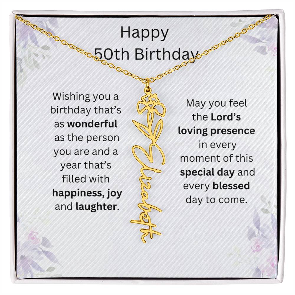 Wishing You Happiness, Joy & Laughter - Happy 50th Birthday | Flower Name Necklace