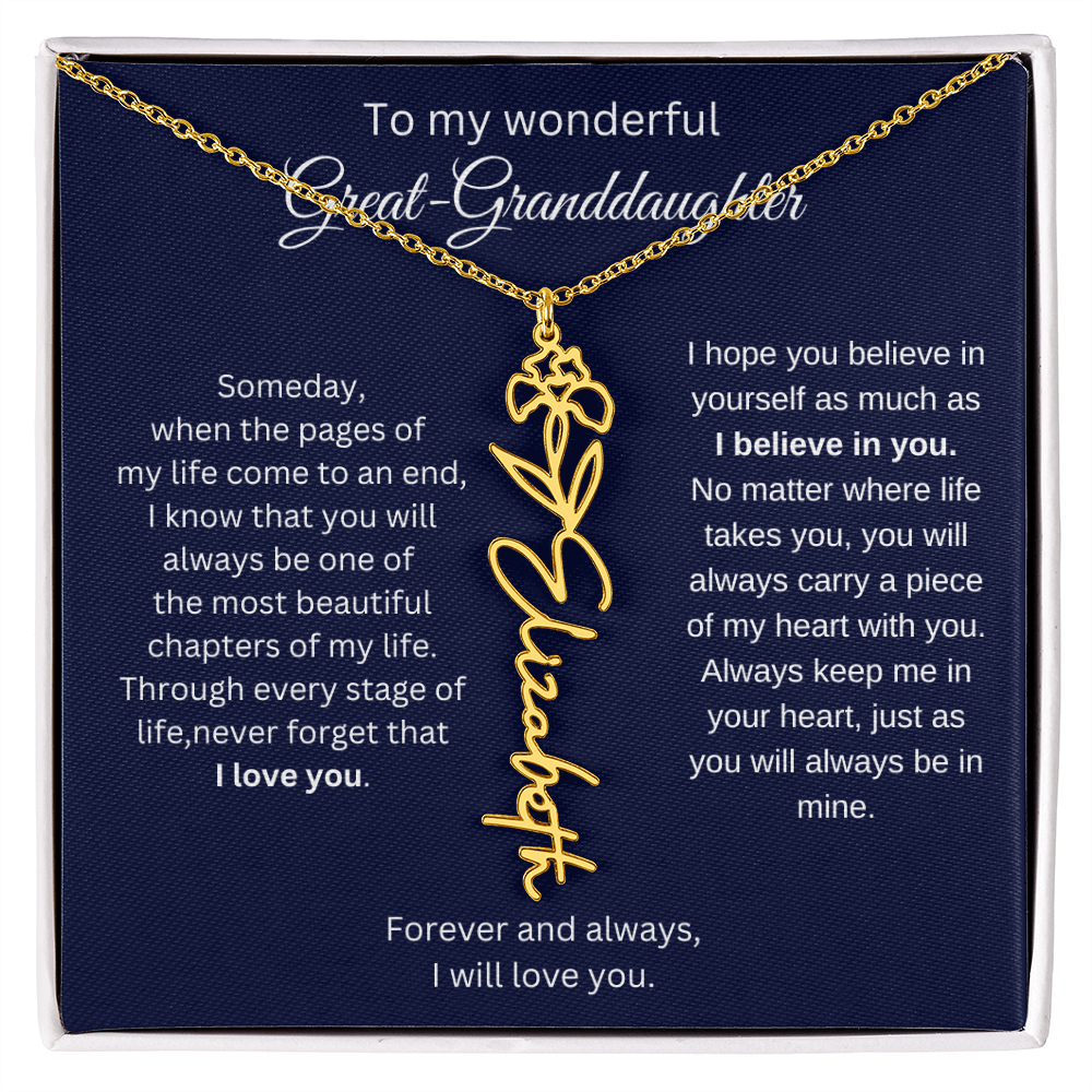 Great Granddaughter Jewelry Gift - Birth Flower Name Necklace