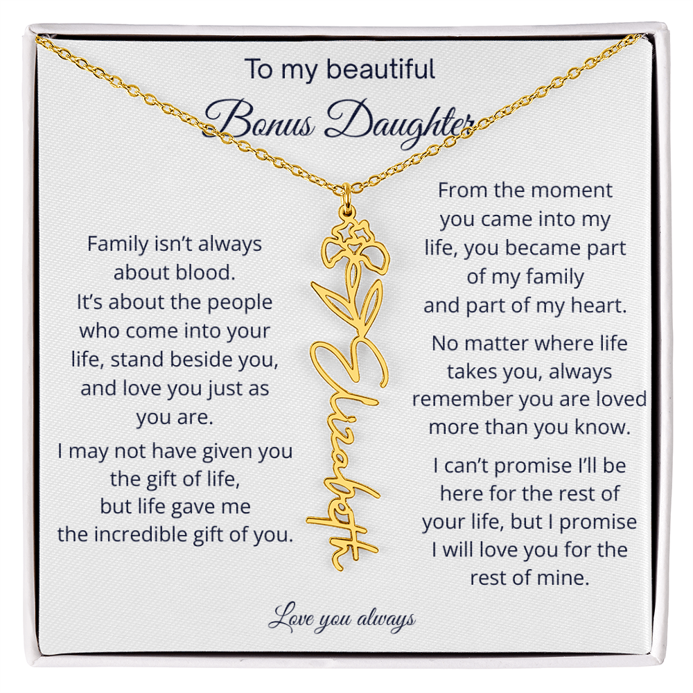 Bonus Daughter Jewelry Gift - Personalized Birth Flower Name Necklace
