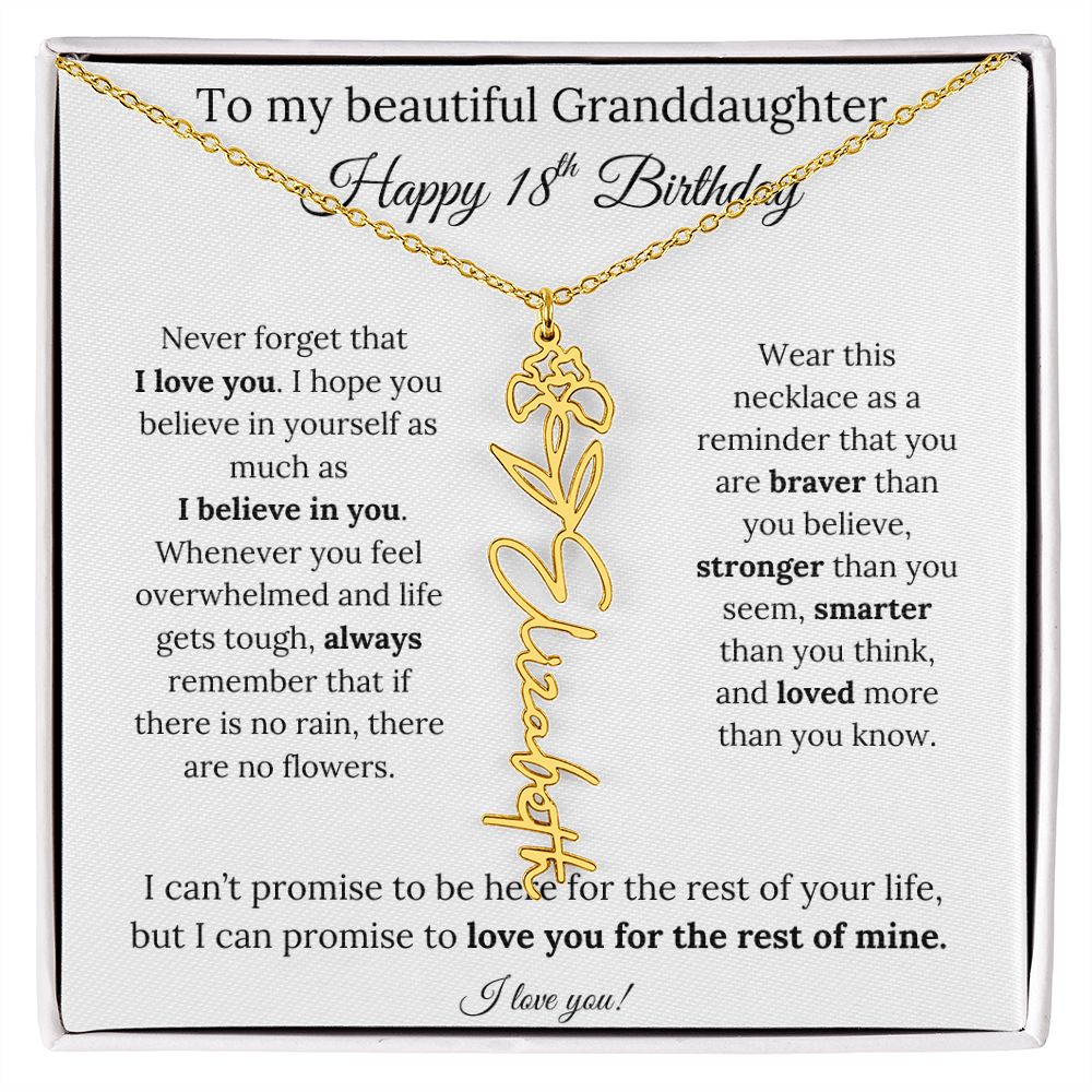 18th Birthday Gift for Granddaughter Flower Name Necklace with Message Card