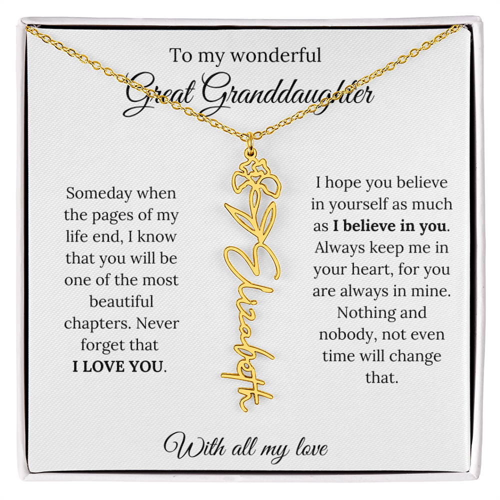 Great Granddaughter Birth Flower Name Necklace – “You Are One of the Most Beautiful Chapters” – Custom Keepsake Jewelry Gift