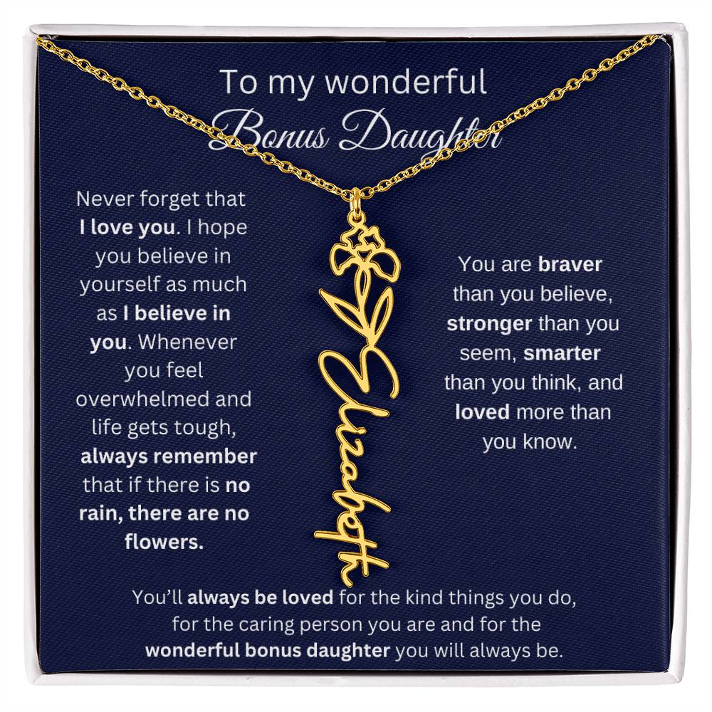 To My Wonderful Bonus Daughter - I Love You - Flower Name Necklace
