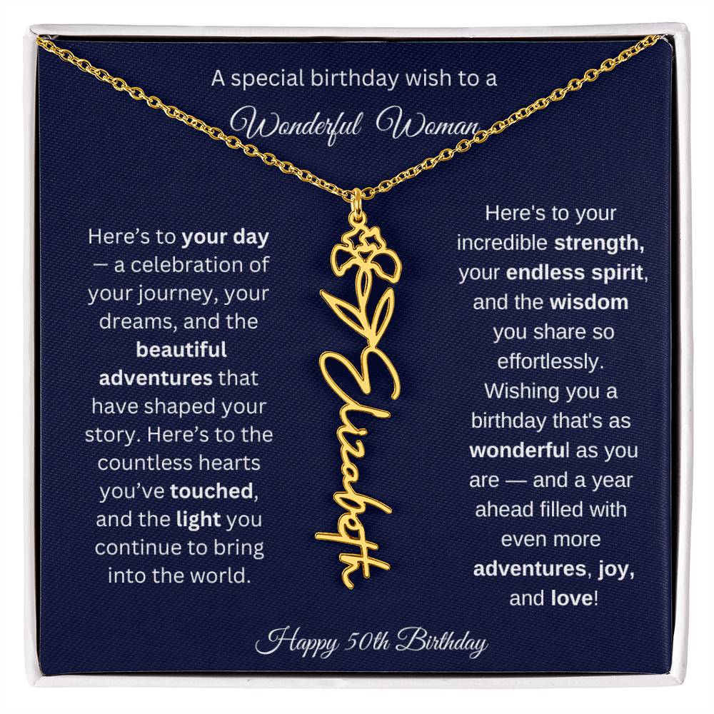 Happy 50th Birthday - Personalized Birth Flower Name Necklace with Message Card