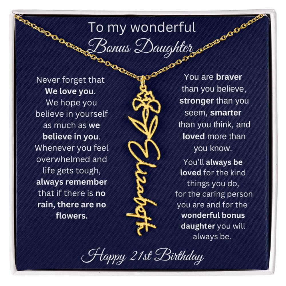 21st Birthday Gift For Bonus Daughter - Personalized Birthmonth Flower Name Necklace