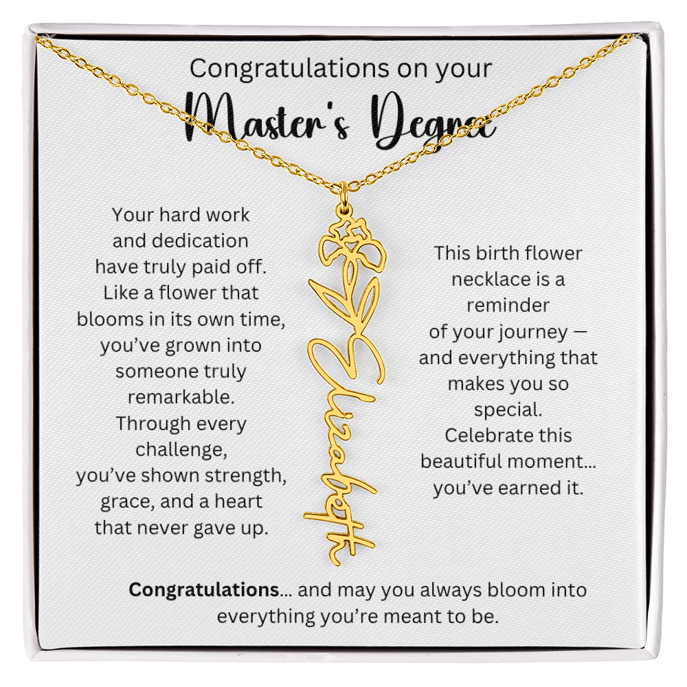 Personalized Masters Graduation Keepsake Gift - Birth Flower Name Necklace