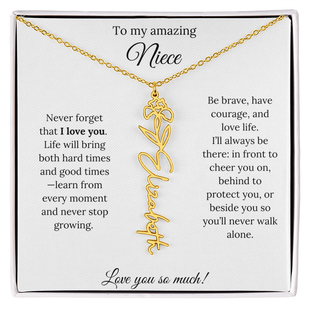 Niece Gift – Birth Flower Name Necklace + Inspiring Message Card