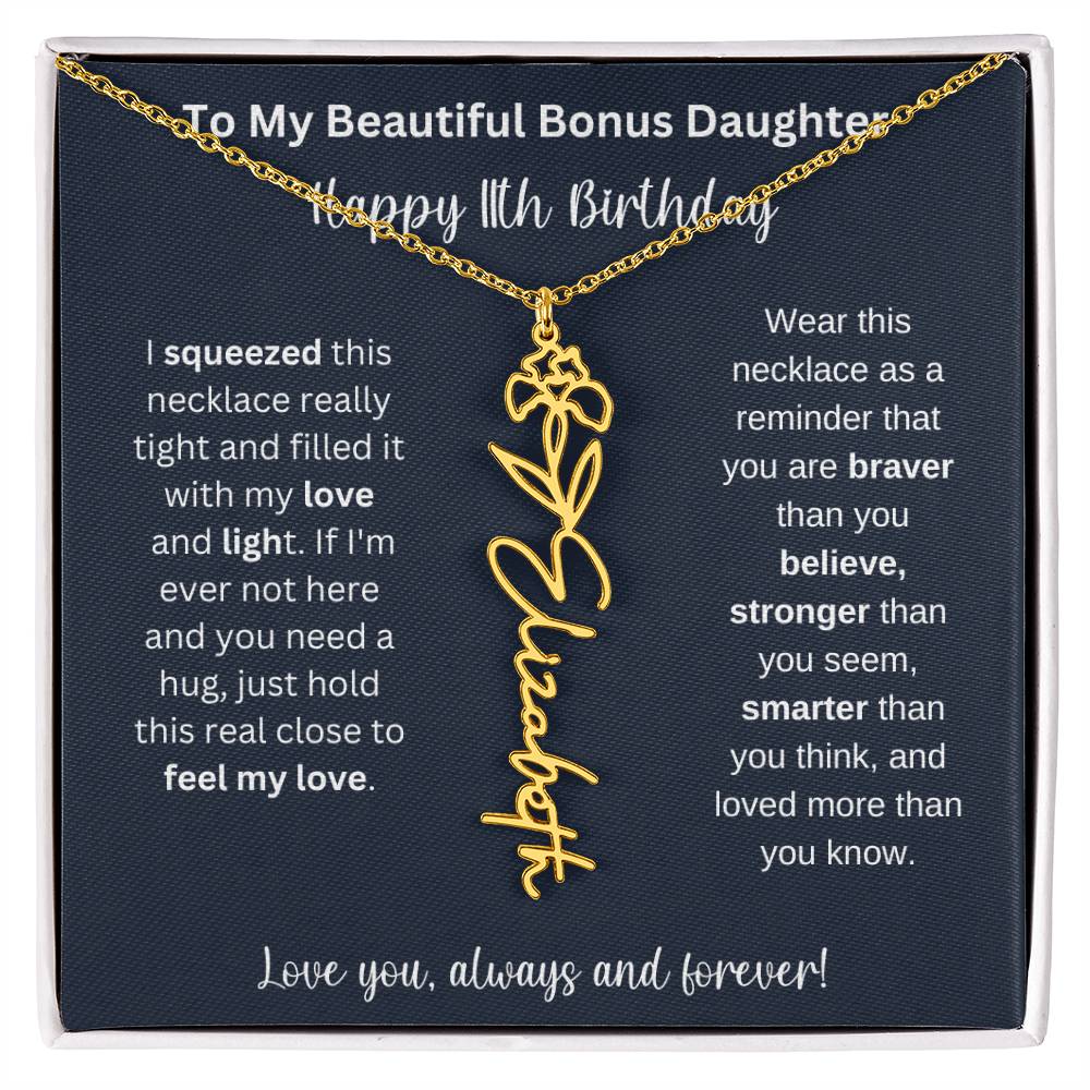 To My Beautiful Bonus Daughter | Happy 11th Birthday | Flower Name Necklace