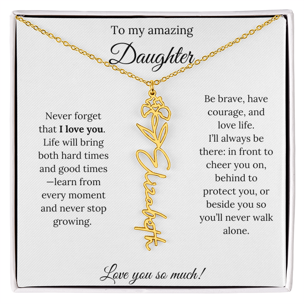 Personalized Daughter Necklace with Birth Flower Name & Inspiring Quote Card