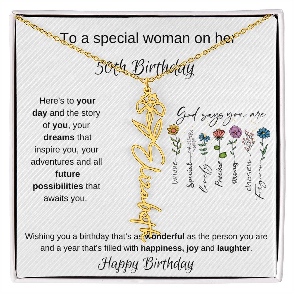 To A Special Woman On Her 50th Birthday - Flower Name Necklace