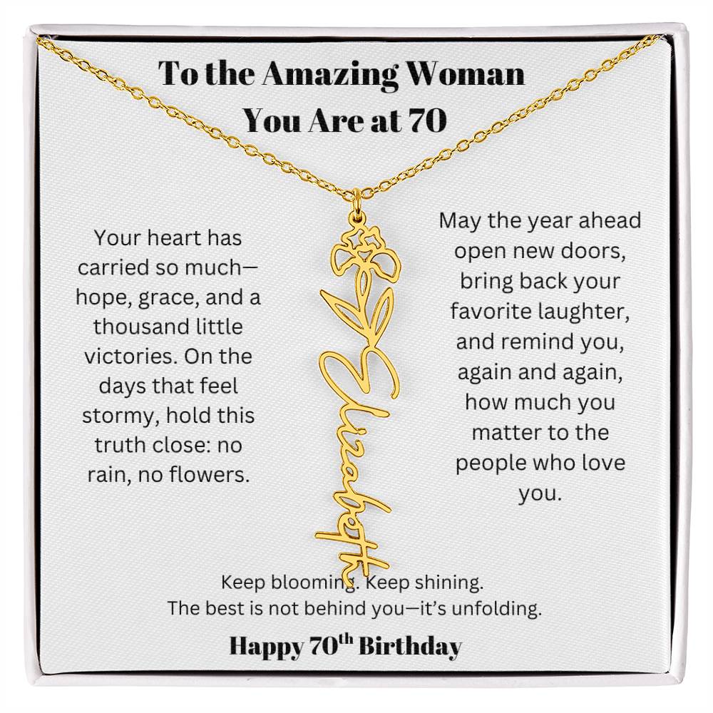To The Amazing Woman | 70th Birthday Keepsake Jewelry | Flower Name Necklace