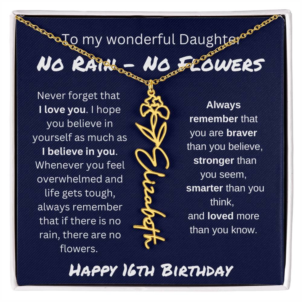 No Rain - No Flower | Happy 16th Birthday | Flower Name Necklace